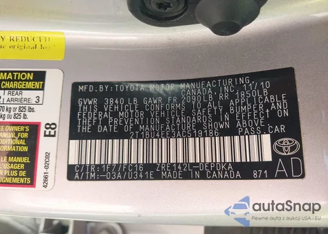 2010 Toyota Corolla Le из США, поврежденный, VIN 2T1BU4EE3AC519186